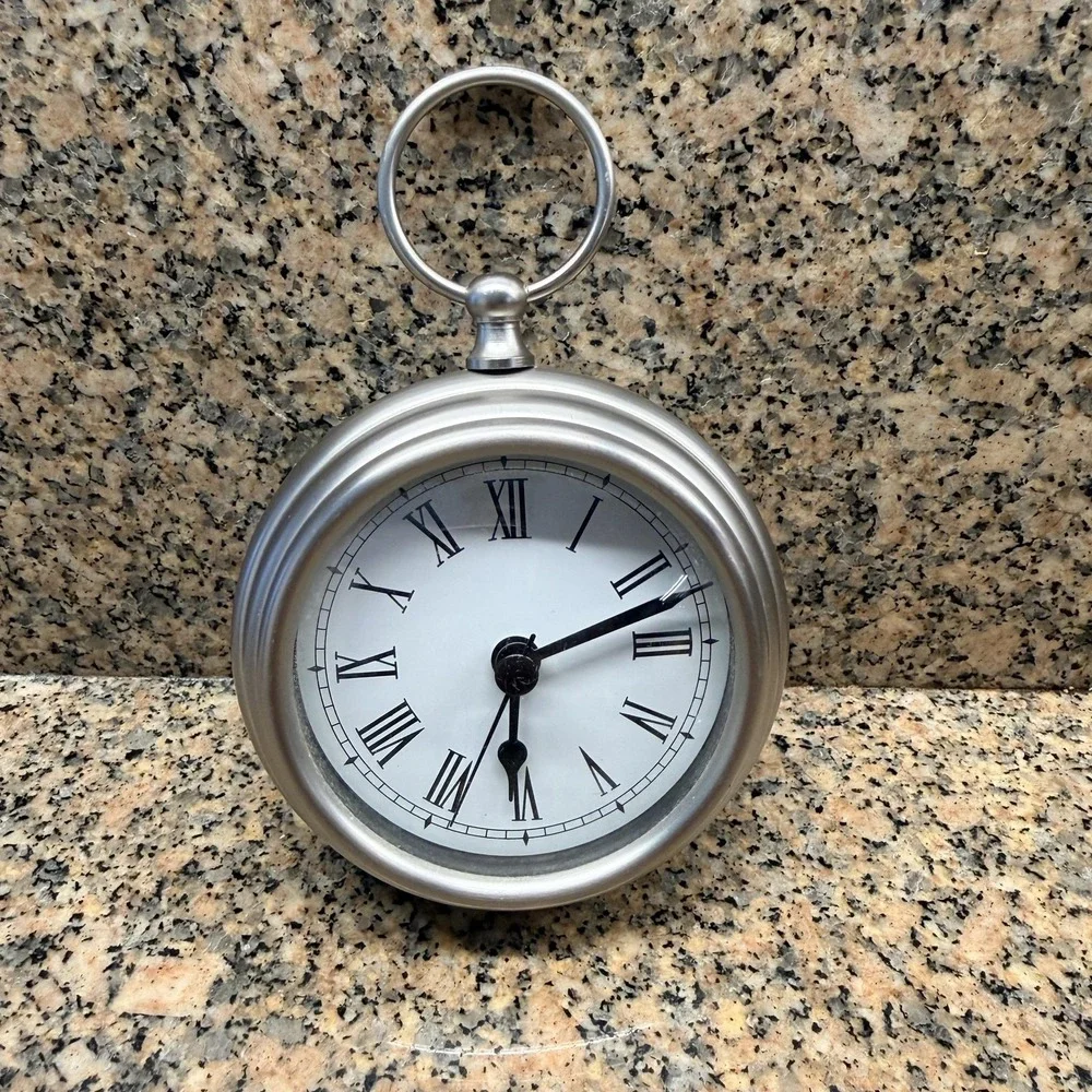 Pottery Barn Silver Pocket Watch Desk Clock Quartz Roman Numerals Tabletop Decor